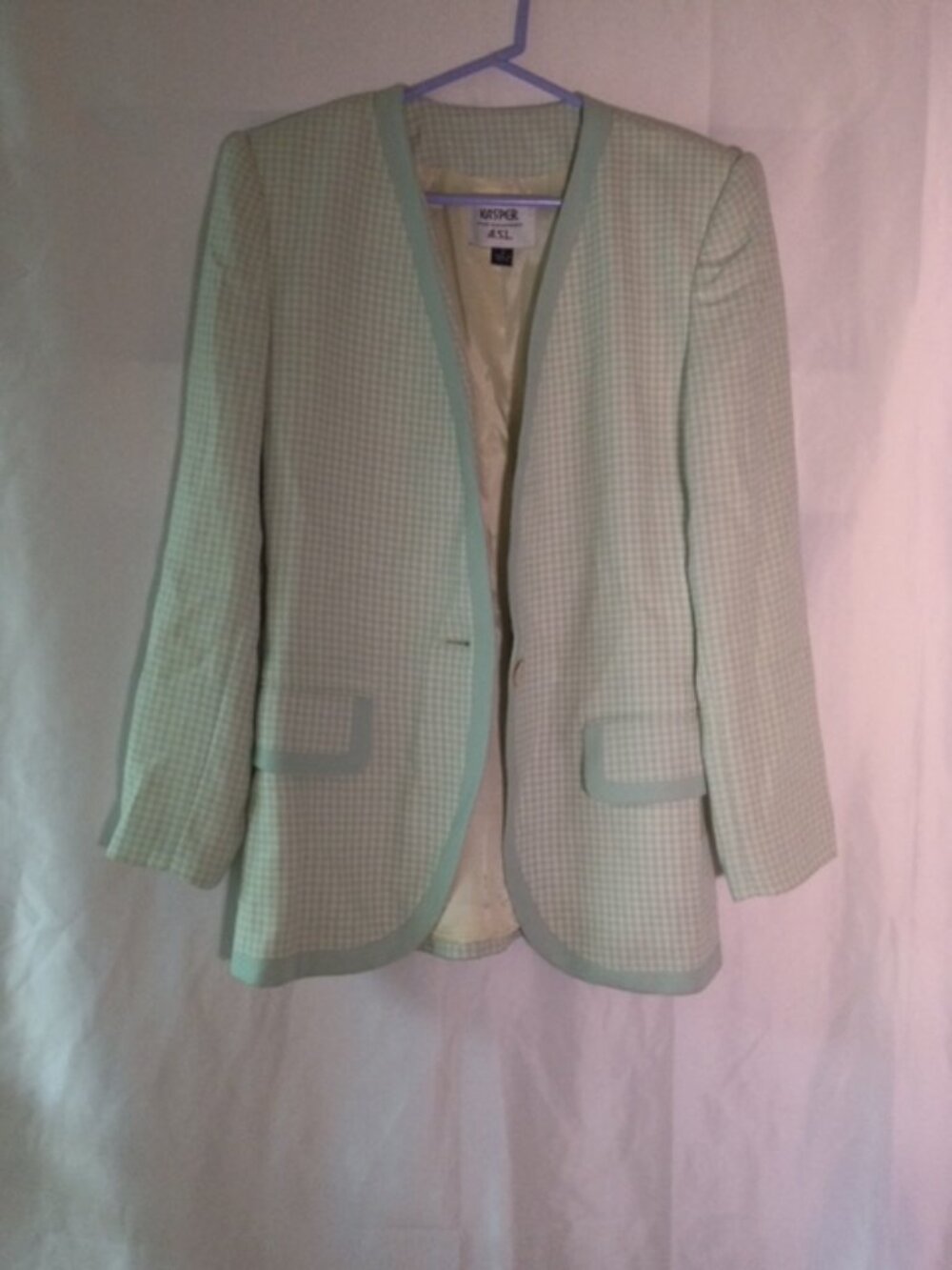 Kasper A.S.L. Mint Gingham Blazer Jacket White Check Trimmed Size 4 Vintage